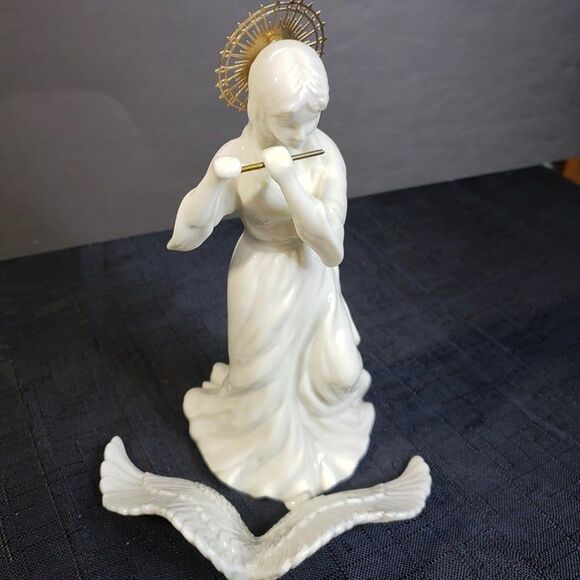 FLAWED White Porcelain Flute Playing Angel Figurine 8" - Picture 7 of 10